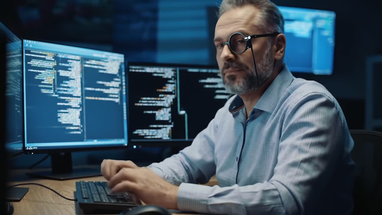Focused Programmer Analyzing Complex Code on Multiple Screens While Working Late at Night in an Advanced Tech Environment