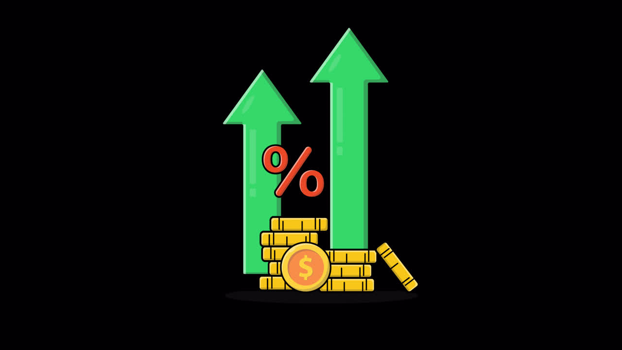 Animation of Gold Coins, Upward Arrows, and Percentage Symbol