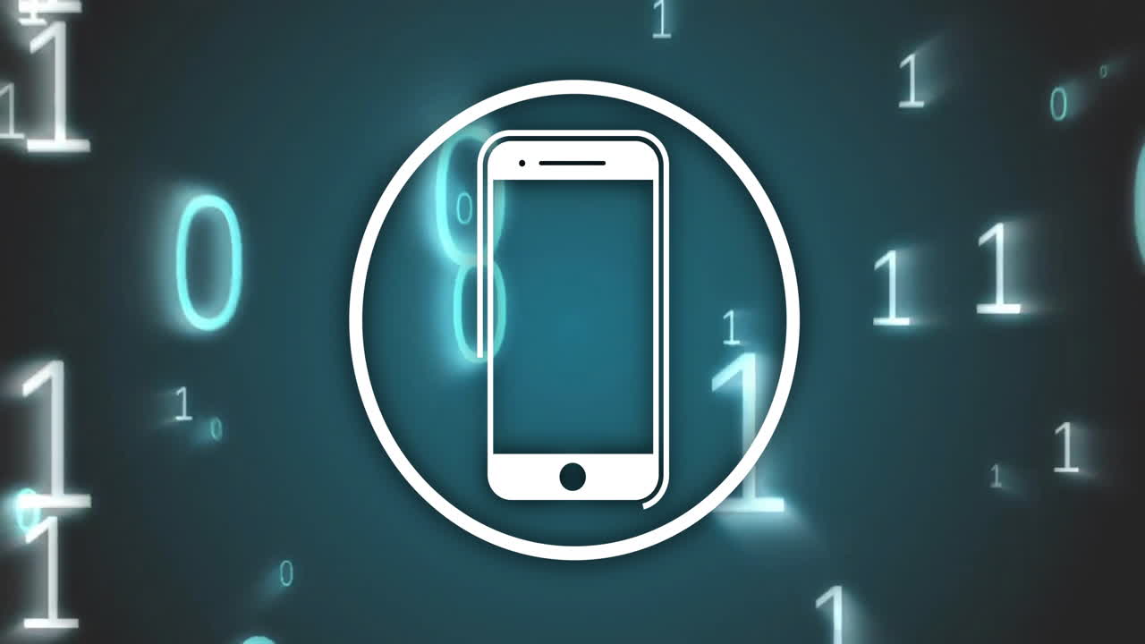 Smartphone icon with binary code animation over dark blue background