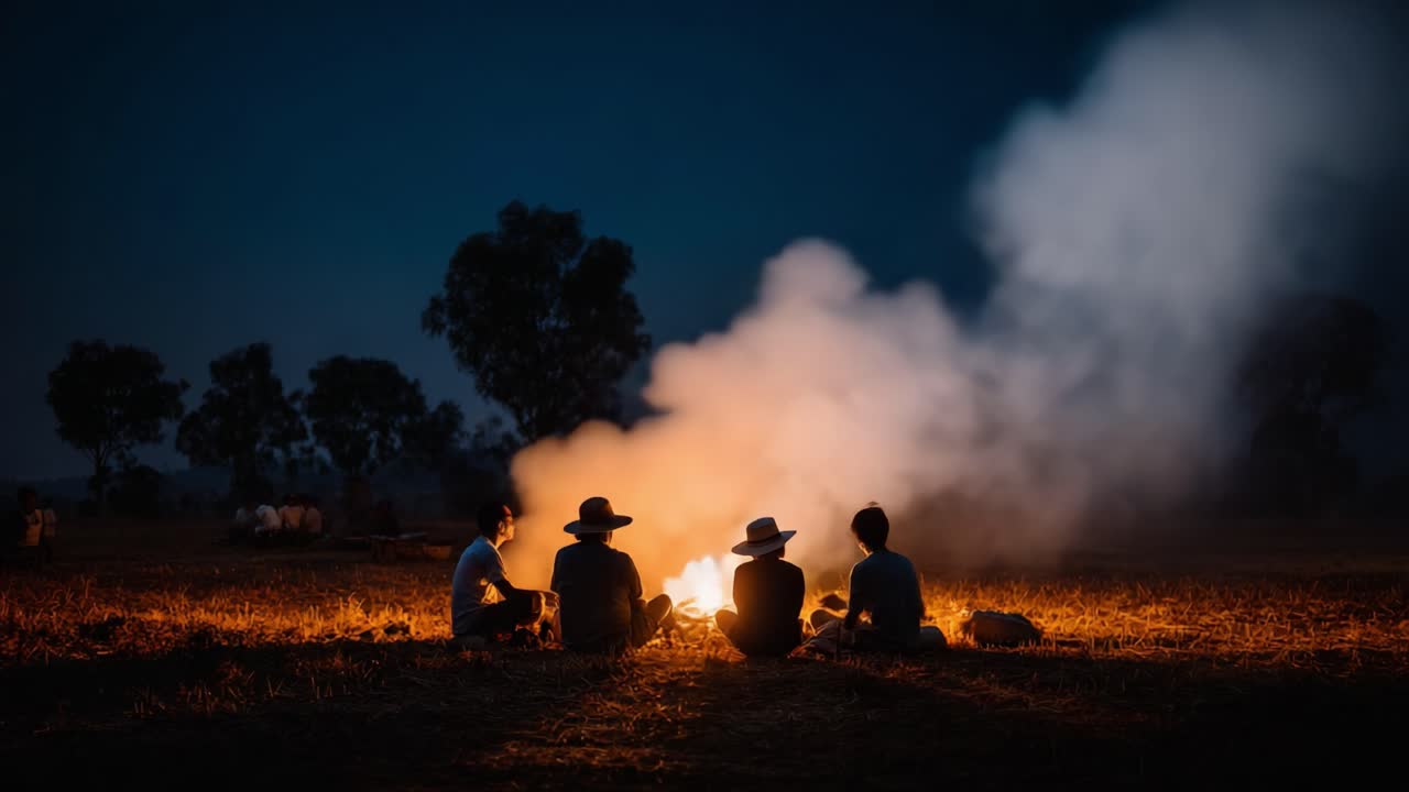 A Peaceful Evening Gathering Around a Campfire: Friends Enjoying Nature, Stories, and Warmth Under a Starry Sky with Smoke Rising from the Fire