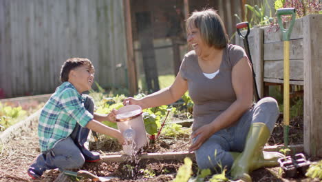 Feliz-Abuela-Birracial-Y-Nieto-Regando-Plantas-En-Un-Jardín-Soleado,-Cámara-Lenta