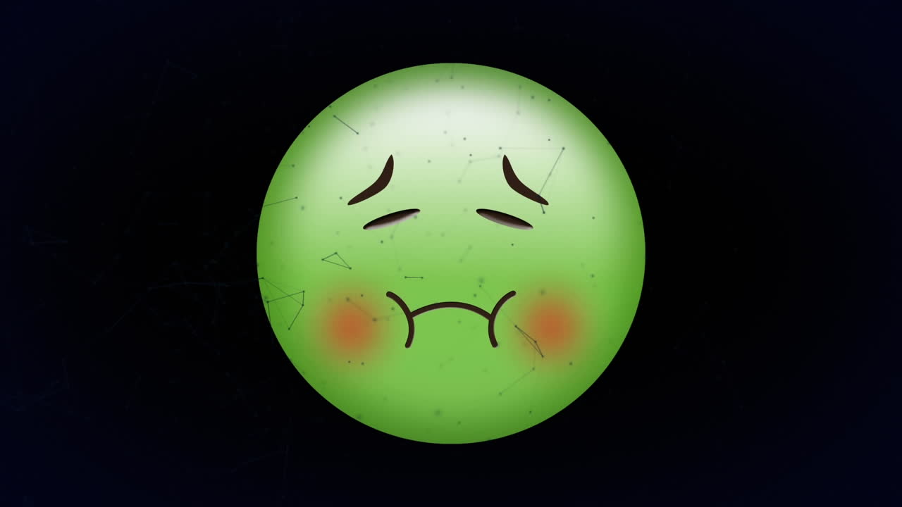 검은색 배경에 움직이는 연결 위에 아픈 이모지 아이콘의 애니메이션