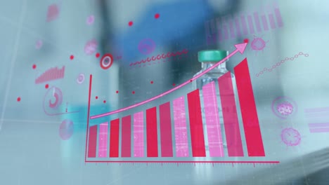 Animation-of-digital-interface-showing-statistics-with-covid-19-vaccine-standing-on-table