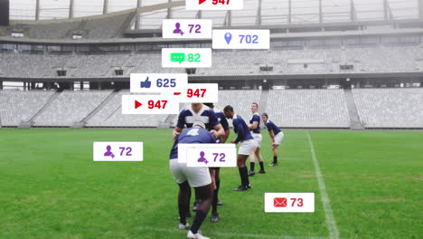 Animación-De-íconos-De-Redes-Sociales-Flotando-Contra-Un-Equipo-De-Diversos-Jugadores-De-Rugby-Que-Juegan-En-El-Estadio