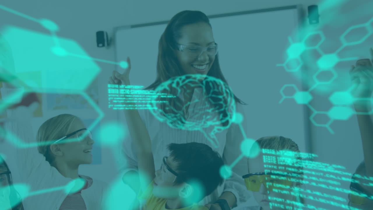 학교에서 행복한 다양한 여성 교사와 학생들에 대한 과학적 데이터 처리 애니메이션