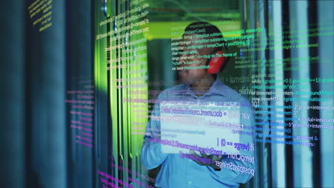 animation of data processing over african american male engineer using laptop at server room
