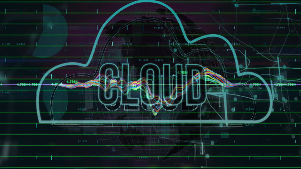 animación del texto de la nube en la nube, gráficos con números cambiantes sobre el globo giratorio