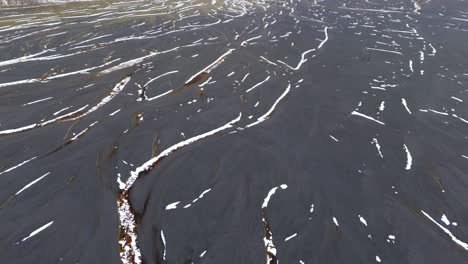 aerial closeup above volcanic soil, texture earth formations iceland black earth