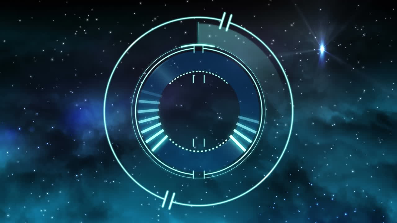 Animation of hud circle over glowing stars on night sky
