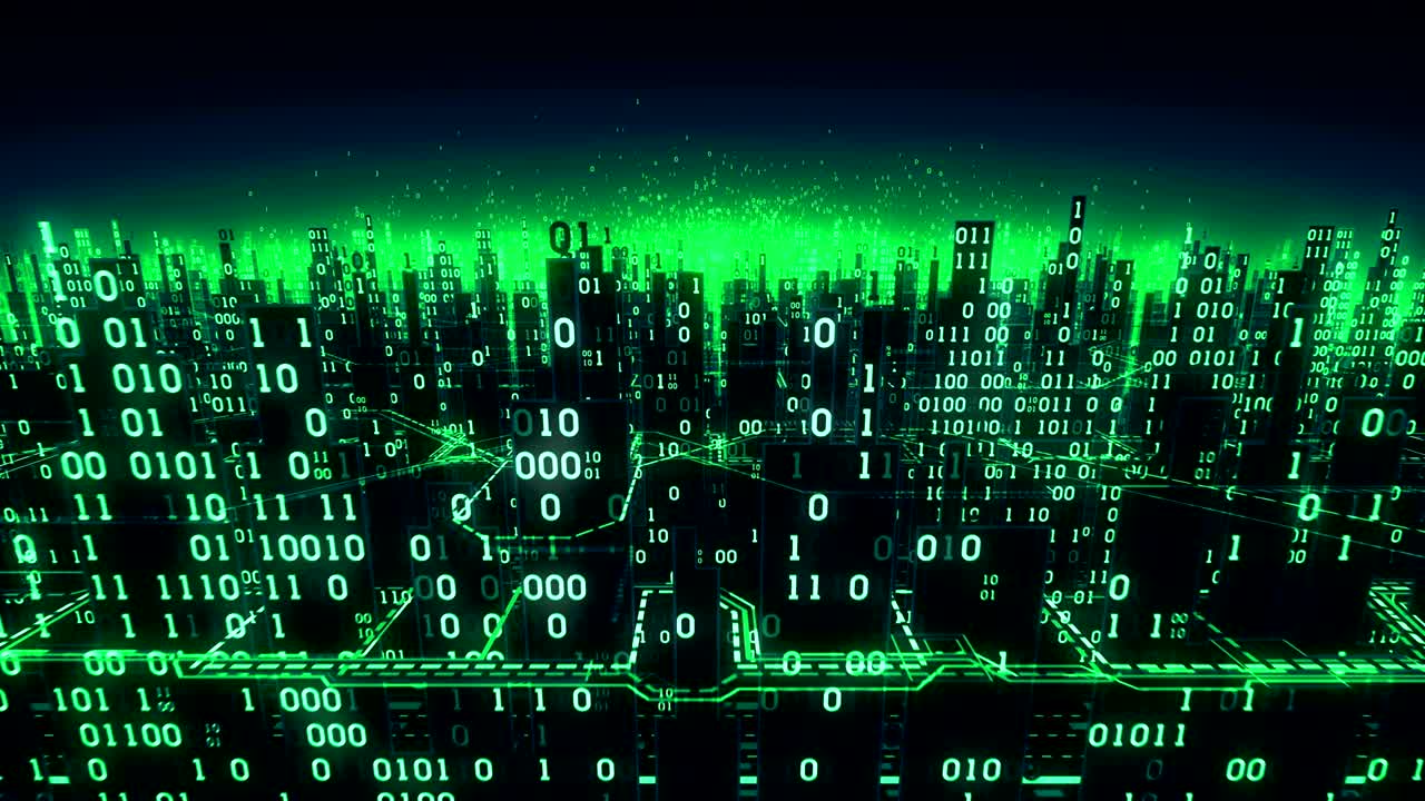 추상적인 미래의 디지털 도시, 글로벌 네트워크에 연결된 이진 배열을 가진 하이테크 배경, 매트릭스, 원활한 루프, 알파 매트