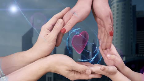 men's, women's and children's hands show a hologram 3d heart