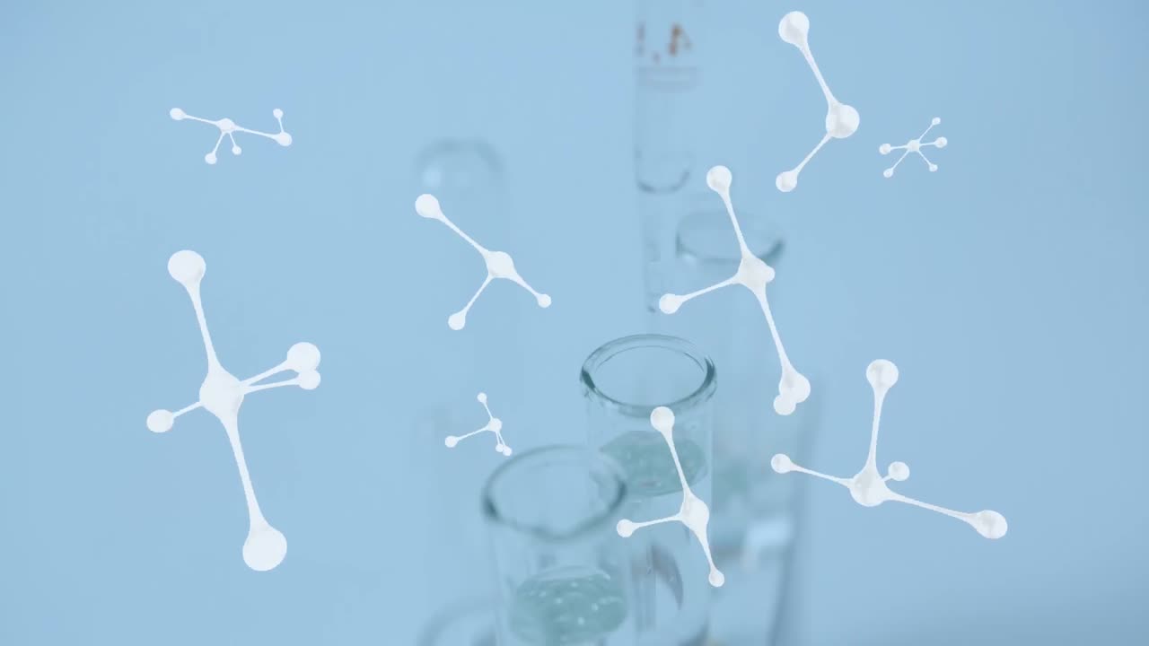 뉴클레오티드의 애니메이션과 추상적인 배경에 대한 액체 채워진 실험 튜브의 상상