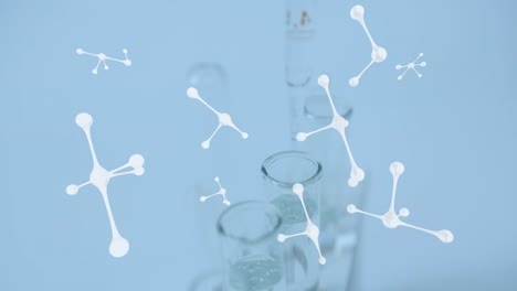 animación de nucleótidos y vista aérea de tubos de ensayo llenos de líquido contra un fondo abstracto
