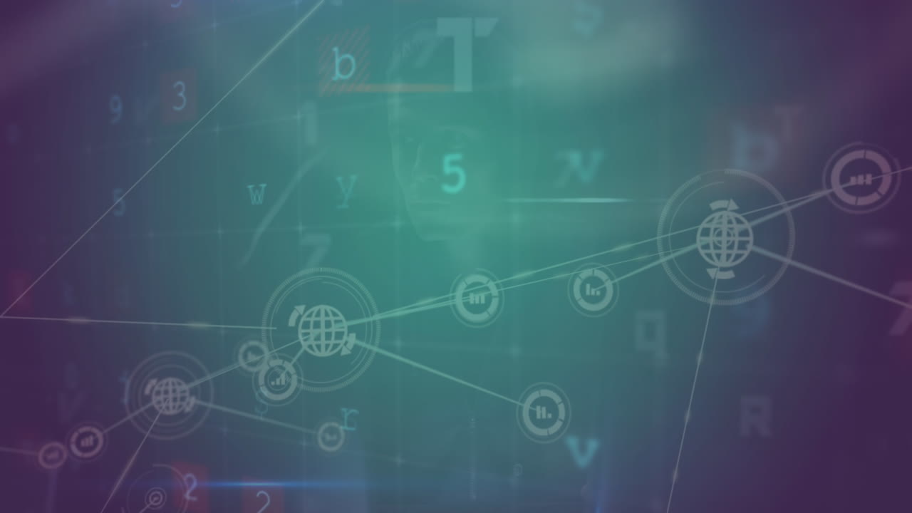 animación del procesamiento de datos de ataques cibernéticos a través de una red de conexiones
