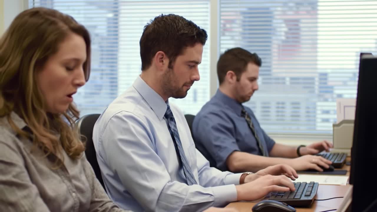 Three professionals focus intently on their work at desktop computers in a contemporary office setting. The focused atmosphere highlights productivity and collaboration.
