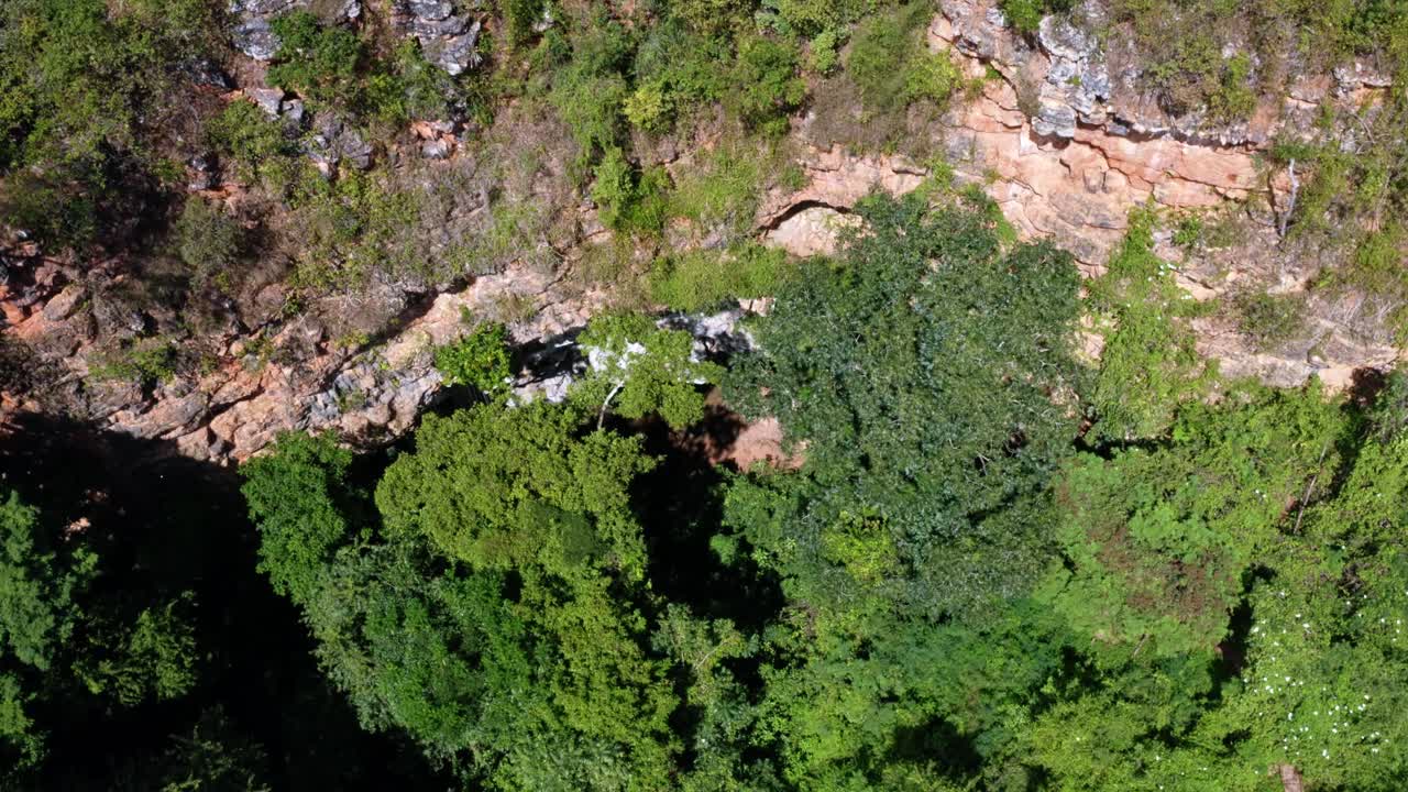 toma aérea de drones descendentes de la entrada de la cueva al pozo encantado o poço encantado rodeado de árboles tropicales, plantas y acantilados en el parque nacional chapada diamantina en el norte de brasil