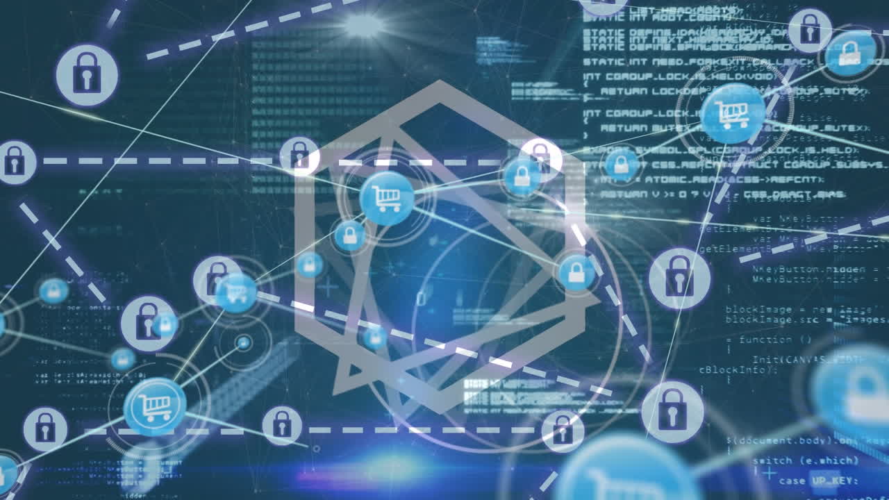 Animation of network of connections with icons over data processing on black background