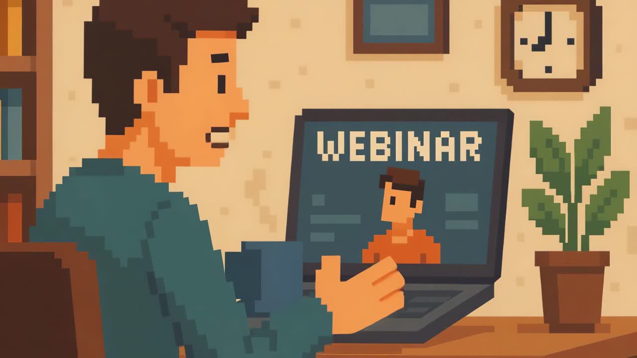 Engaged man participating in a virtual webinar, animated pixel art style, expressing ideas with gestures, surrounded by a cozy workspace and greenery, showcasing interactive online communication