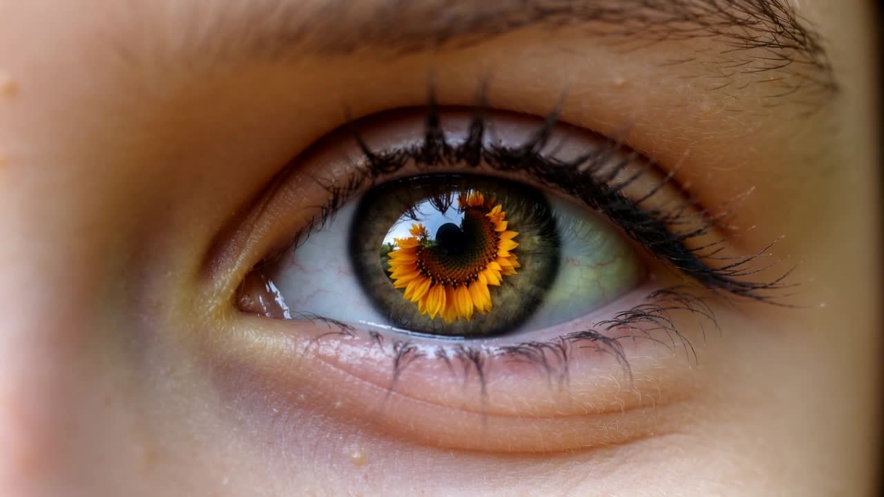 Camera zooming on single eye holding steady gaze in studio, revealing sunflower iris reflection