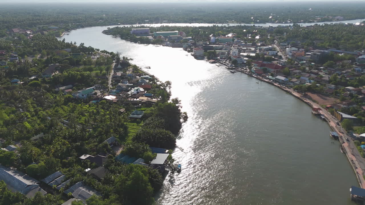Town In The Riverways Of Mae Klong Near Amphawa Floating Market In Amphawa, Thailand. Aerial Drone Shot