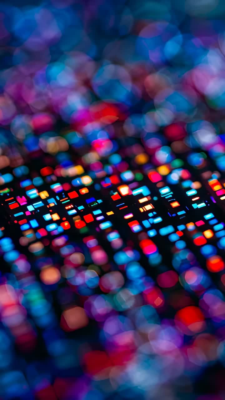 Vertical video: Shifting focus, camera pulling from pixel grid at macro, forming soft color bokeh