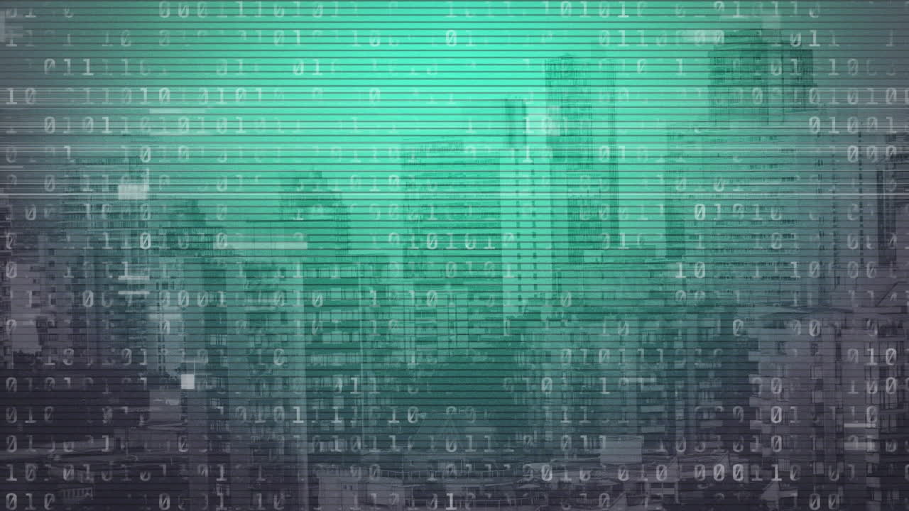 Animation of binary data processing on green lined screen over modern cityscape