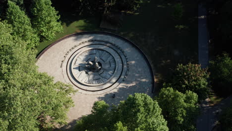 Aerial-orbiting,-rotating-shot-of-doves-fountain---Landmark-in-Sad-Janka-Krala,-Bratislava,-capital-of-Slovakia---summer-sunny-day