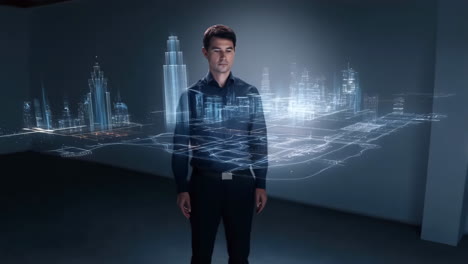 man interacting with holographic smart city projection