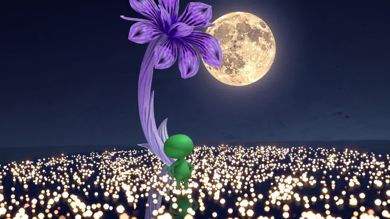 Una scena video stravagante con vista dal basso di un personaggio verde che tiene in mano un grande fiore viola.