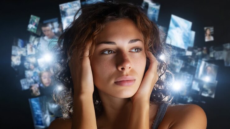 A contemplative young woman absorbs overwhelming visual stimuli, experiencing a blend of emotions as she holds her head in contemplation amidst a backdrop filled with floating images and lights that signify memories