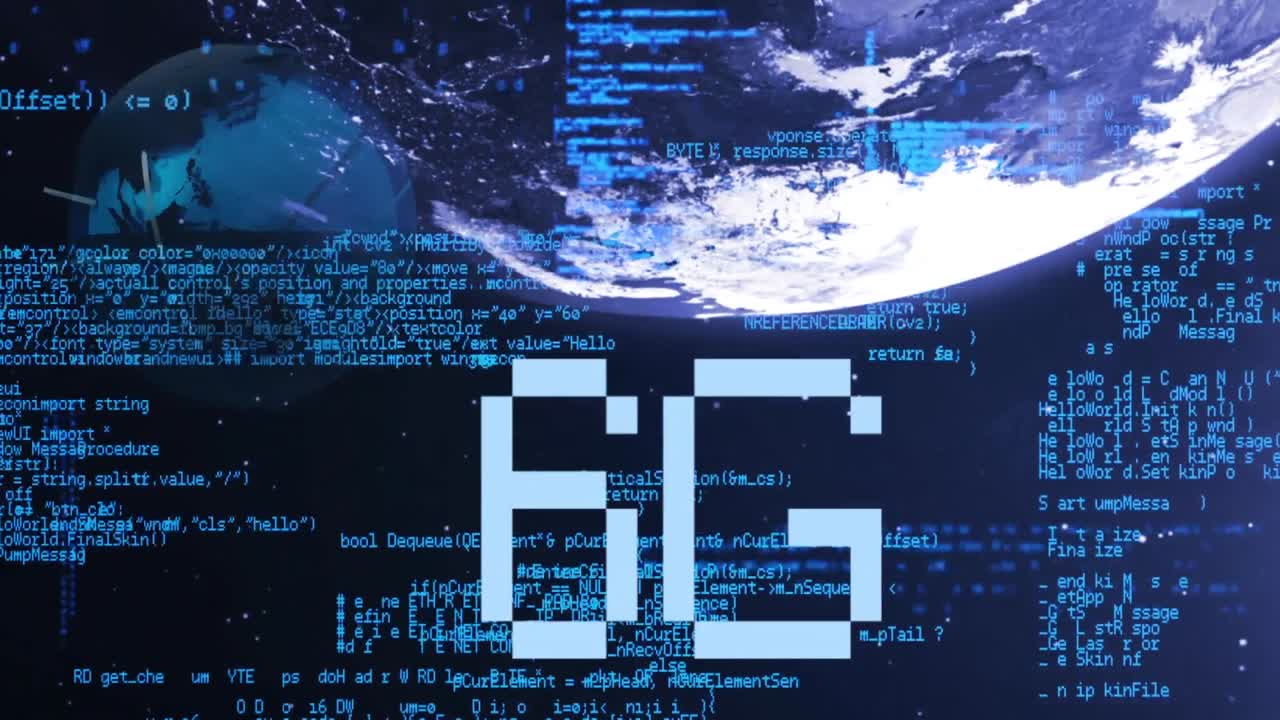 6g 텍스트의 애니메이션과 파란색 배경의 데이터 처리