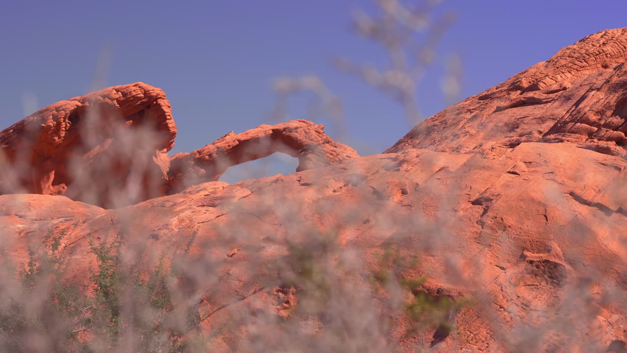 캘리포니아 모아파 리 (moapa valley) 의 리 오브 파이어 주립 공원 (valley of fire state park) 에서 은 파란 하늘 아래의 오렌지색과 은 색의 바위 형태.