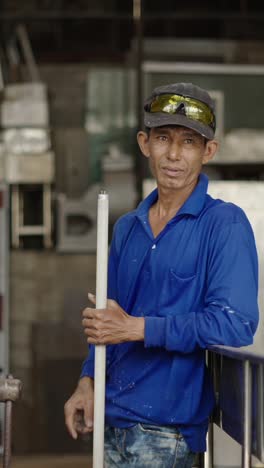 portrait of a worker holding a fluorescent light tube in an industrial setting