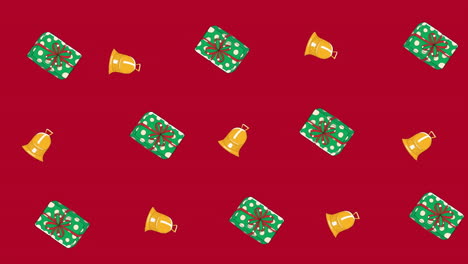 Animación-De-Campanas-Navideñas-E-Iconos-De-Regalos-Sobre-Fondo-Rojo.