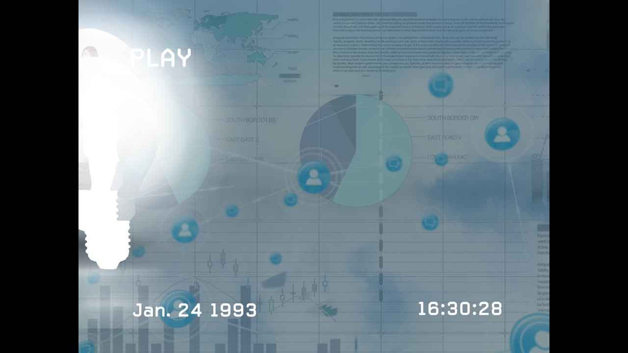 Animation of screen with glitch over diverse data and bulb