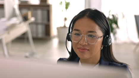 call center, face and woman on computer