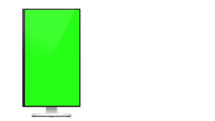 Rivelazione Schermo Computer Verticale da Destra, isolato su Sfondo Bianco 4K con Elemento Video Green Screen