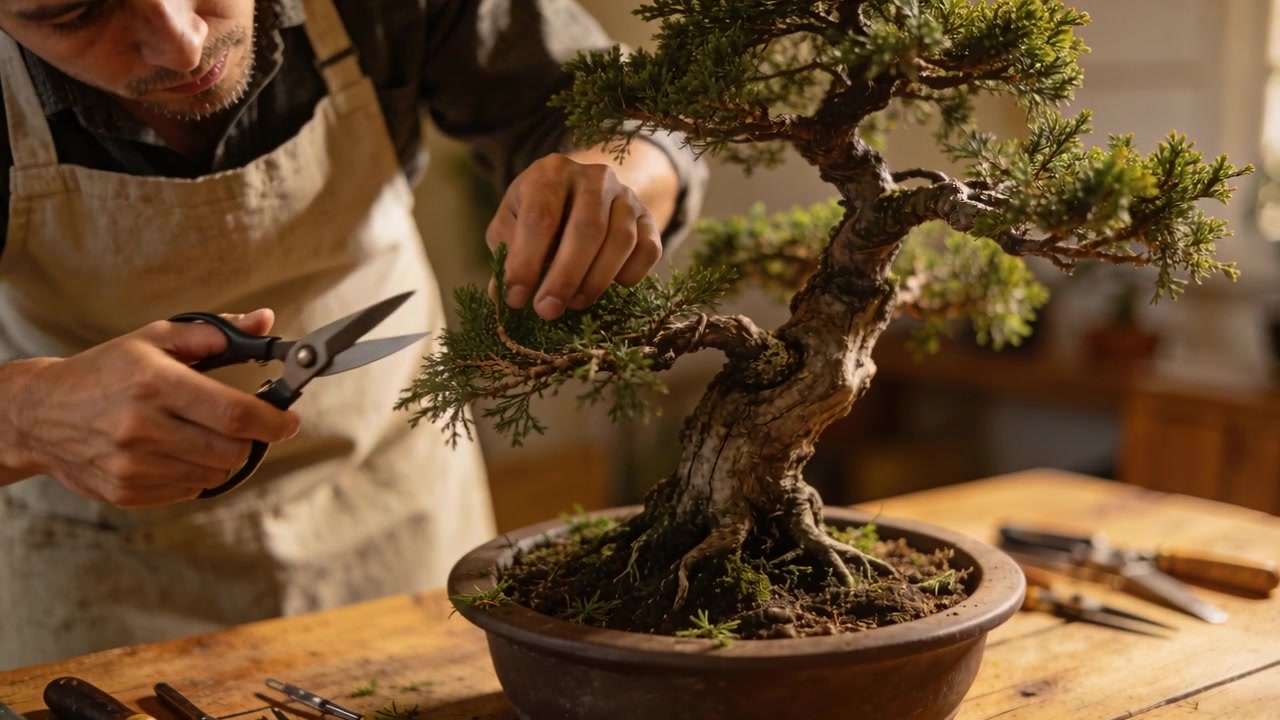 Uomo con grembiule che nota un ramo troppo cresciuto e pota un bonsai su un banco da lavoro, sistemando la chioma con le forbici