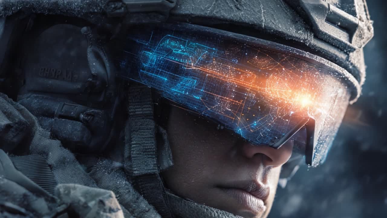 Un soldato futuristico equipaggiato con tecnologia di visiera avanzata, che mostra un'interfaccia high-tech e un'espressione determinata su uno sfondo nevoso e suggestivo.