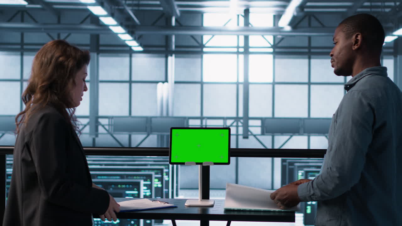 데이터 센터 팀이 모 녹색 화면 태블릿을 사용하여 서류를 검토하고 있습니다.