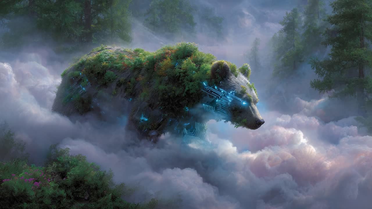 A Mysterious Cybernetic Bear Emerges from the Misty Forest, Blending Nature and Technology with Its Lush Green Fur and Glowing Circuit Patterns