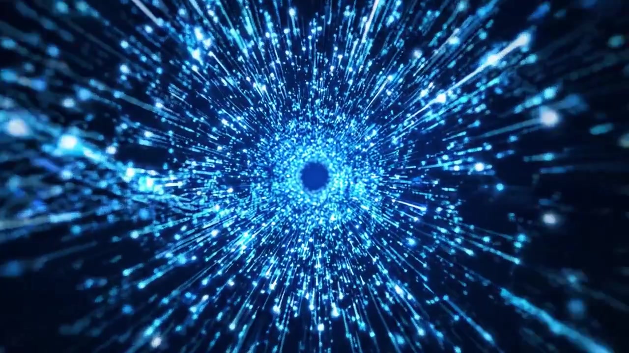 A mesmerizing visual journey through a cosmic vortex, showcasing brilliant blue particles spiraling towards a central point, evoking a sense of depth and motion.
