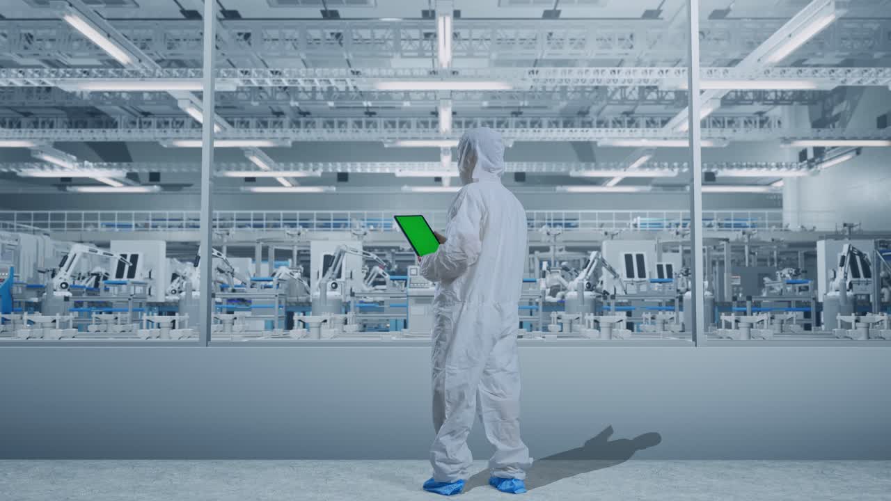 アジアの男性科学者の全身後ろの視点 緑色の画面のタブレットを使用して 自動化されたロボットで現代の研究室工場に立っています