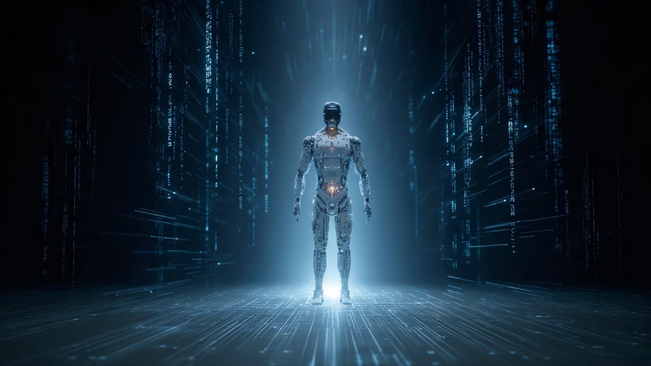 A Futuristic Robotic Being Awaits Its Next Command in a Digital Realm of Light and Information, Capturing the Essence of Artificial Intelligence and Technological Progression