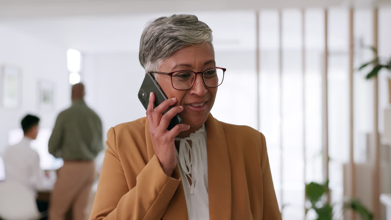 Happy, phone call or senior business woman