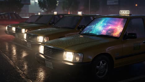 a serene urban nightscape featuring rain-drenched taxis with lively illuminated displays, blending reality and imagination in a dreamlike atmosphere