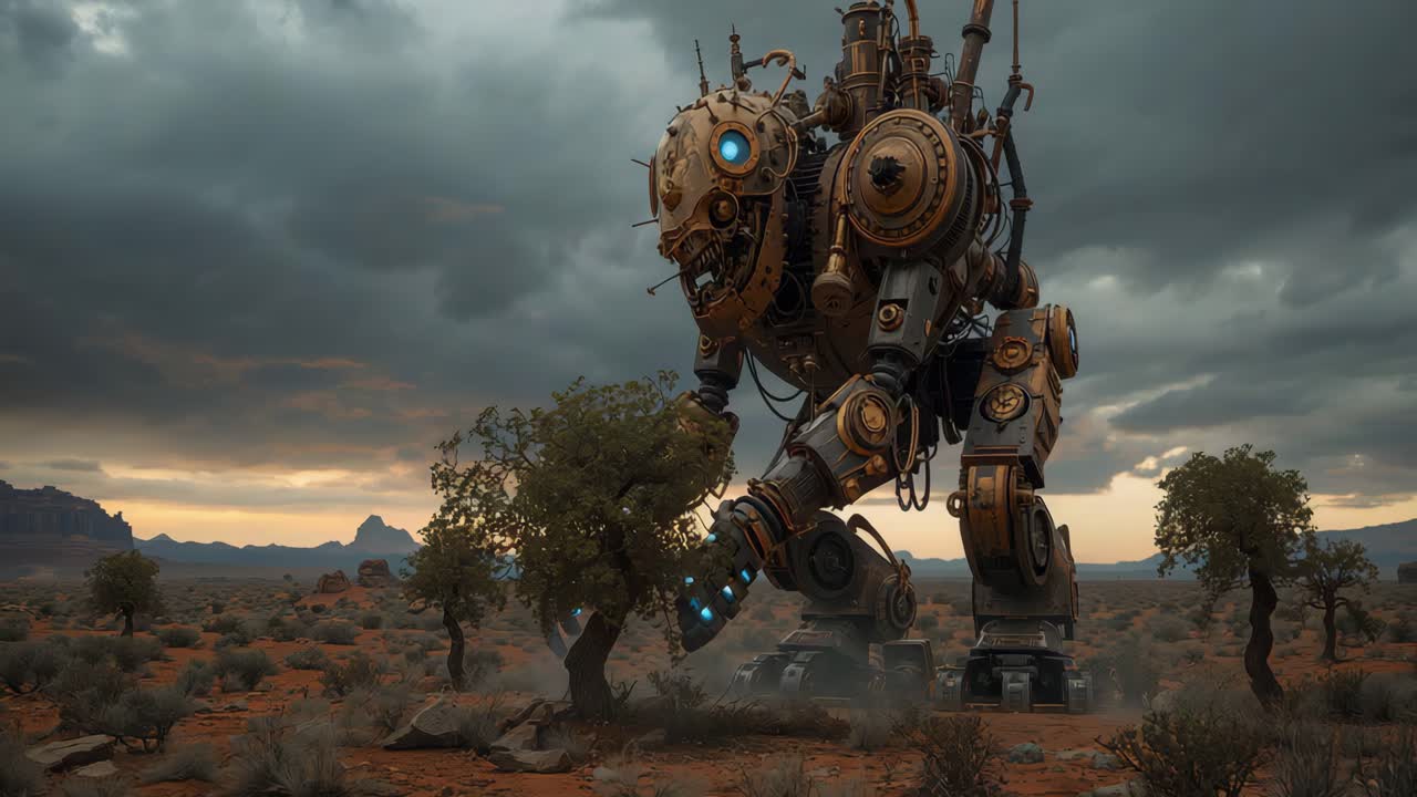 Steampunk Robot in a Desert Landscape