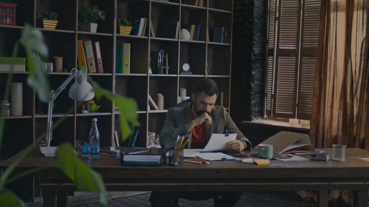 Businessman reading papers documents at desk. Businessman working in home office
