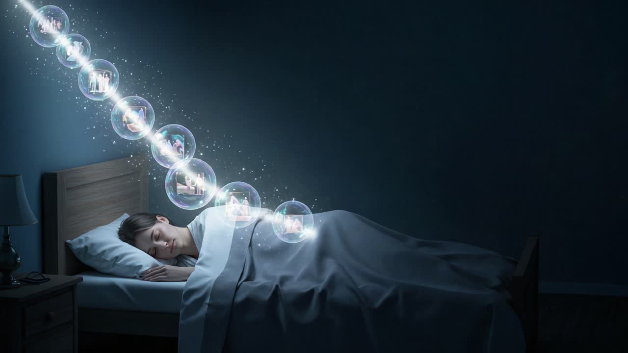 A Dreaming Person Surrounded by Magical Floating Bubbles Illustrating Whimsical Imagery and Enchanting Scenes During Sleep in a Dark Bedroom Environment