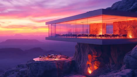 luxury floating restaurant on a mountain cliff at sunset